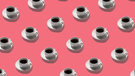 animación de bucle sin costuras del patrón con tazas de café blancas y espresso. sombras duras en fondo pastel rojo