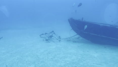 Cinematic wide shot of the bow of a shipwreck on the ocean floor while looking through a submarine porthole off the coast of Hawai&#039;i