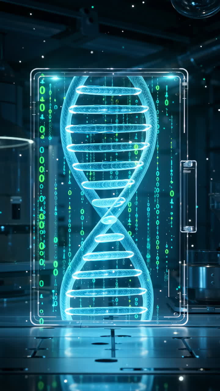 Digital DNA Helix and Binary Code in a Futuristic Setting