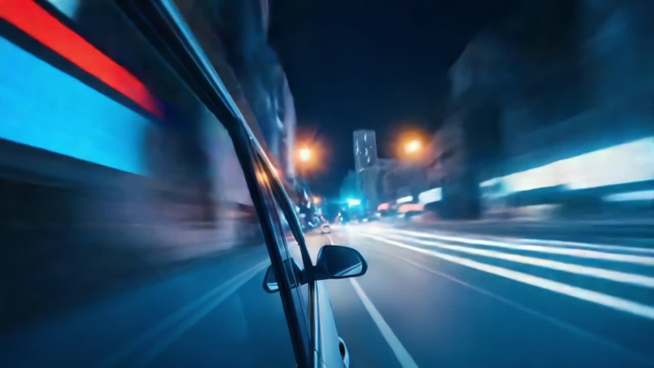 Dynamic Urban Night-Time Drive: A Captivating Journey Through a Vibrant Cityscape With Blurred Lights and Motion Effects Emphasizing Speed and Adventure