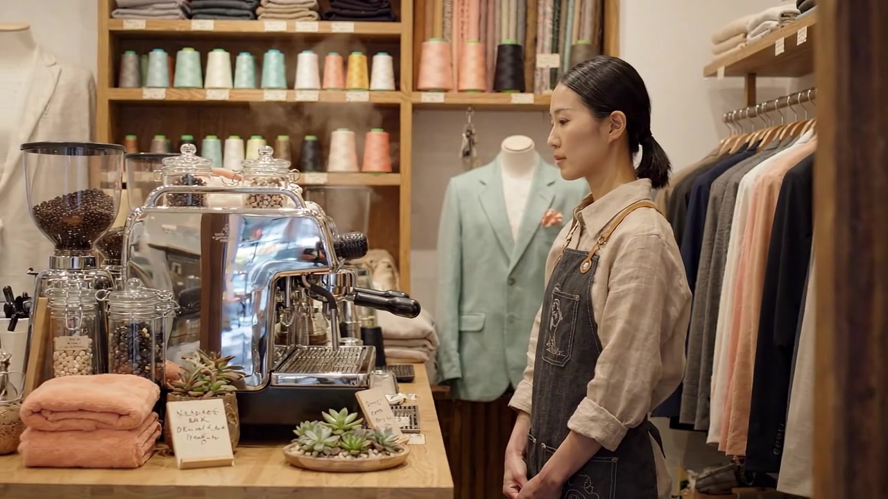 Un barista in un'elegante caffetteria, impegnato nell'arte di preparare il caffè dietro il bancone con cura e precisione in una giornata intensa.