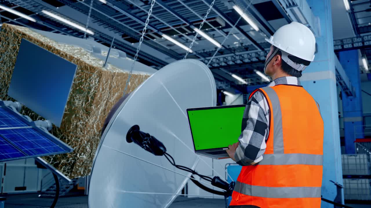 위성 접시와 태양 패널을 사용하는 엔지니어