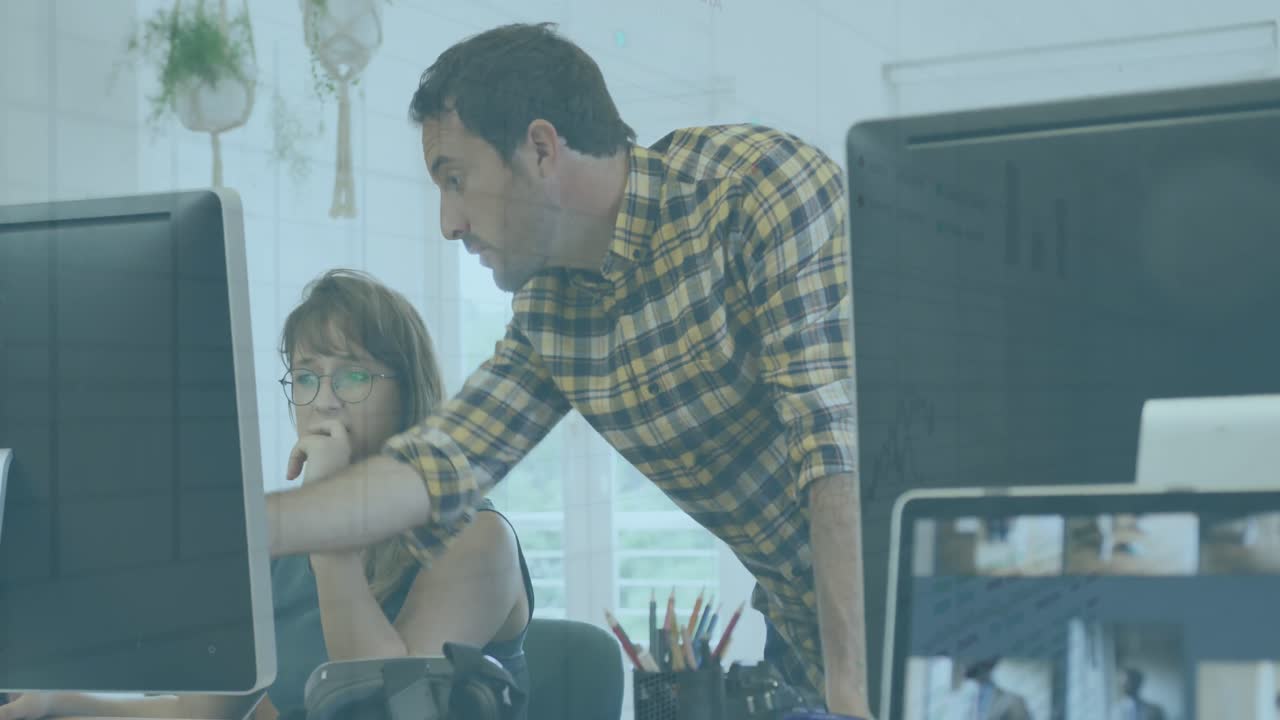 animación del procesamiento de datos estadísticos sobre colegas caucásicos masculinos y femeninos discutiendo.