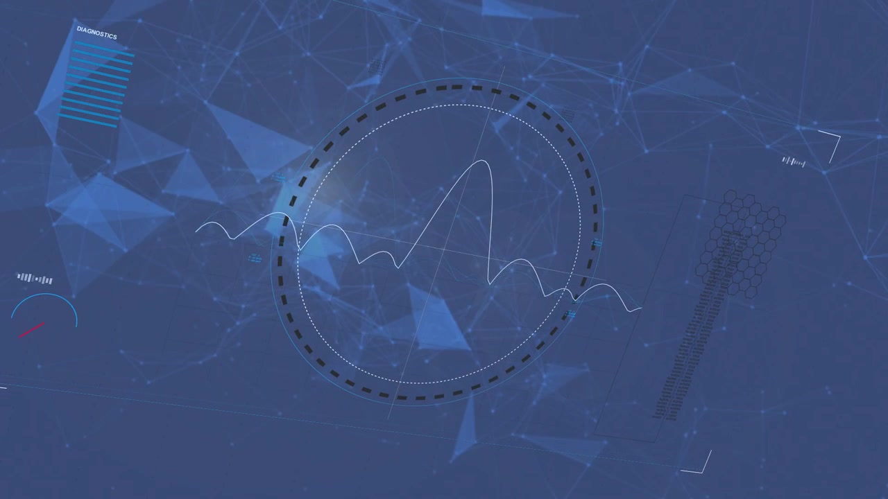 Waveform starting left, circular HUD forming and rotating, UI icons appearing, showing data signals