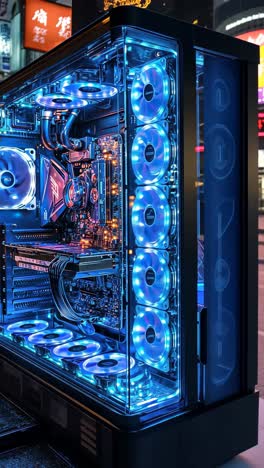 custom gaming pc with vibrant blue lighting in urban setting