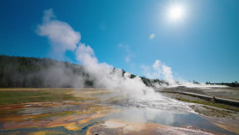 steam rising from colorful hot springs in yellowstone national park