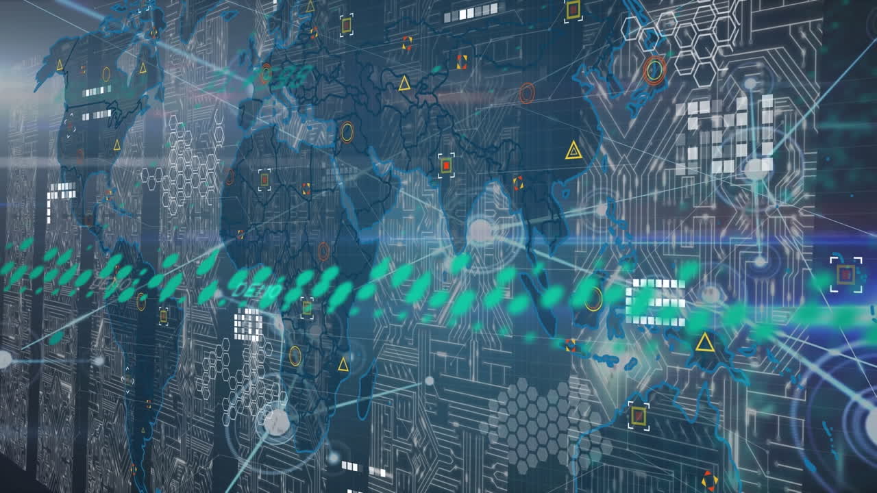 어두운 배경 위의 데이터 처리 및 세계 지도의 애니메이션