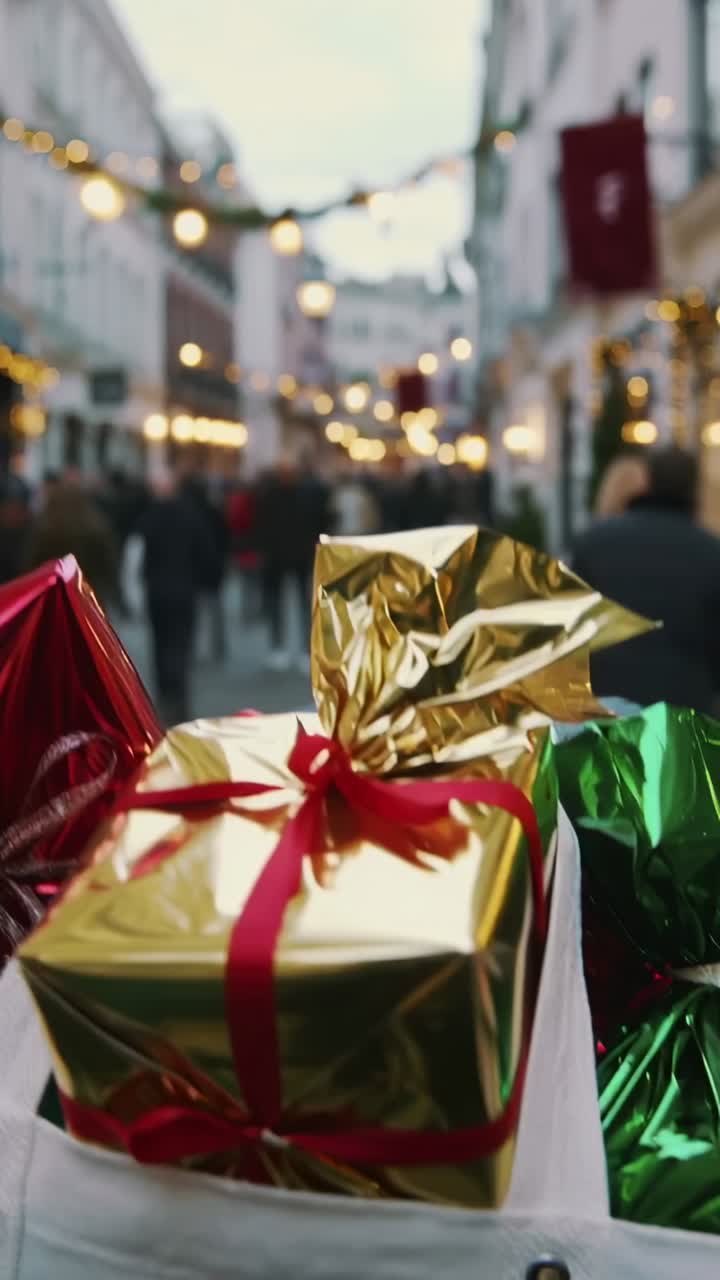 Vertical video: Walking carrier holding white shopping bag through holiday street, swaying gifts