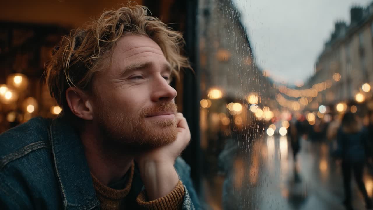 A Thoughtful Moment by the Rainy Window: A Pensive Man Watches the World with Hope and Reflection Amidst a Rainy City Landscape
