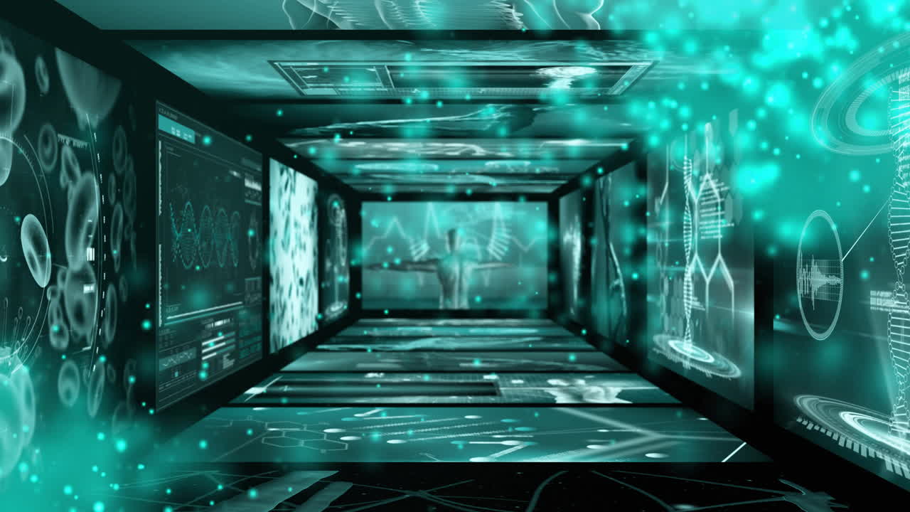 Animation of scientific data processing on dark background