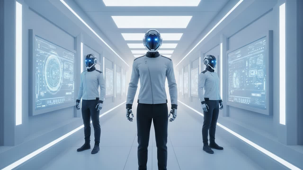 A Trio of Advanced Androids in a Futuristic Corridor Surrounded by High-Tech Displays, Showcasing a Blend of Robotics and Digital Innovation in a Sci-Fi Environment