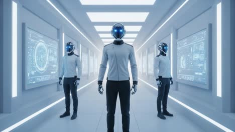 a trio of advanced androids in a futuristic corridor surrounded by high-tech displays, showcasing a blend of robotics and digital innovation in a sci-fi environment