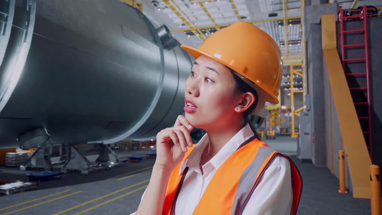 안전 헬을 착용한 아시아 여성 엔지니어의 가까운 측면 뷰. 파이프 제조 공장에서 서 있는 동안 지표손가락을 올려 주위를 둘러보며 생각하고 있다.