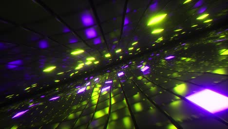 animación de bucle sin costuras abstracta de volar en el espacio sin fin de cubos de neón y metal. espectro de color púrpura amarillo moderno de la luz. bucle vj.