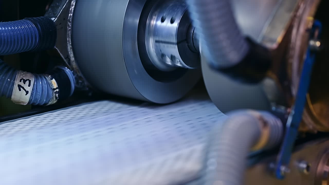 Conveyor line with special material for nappies manufacturing. Rotating rollers over the line of conveyor. Close up.