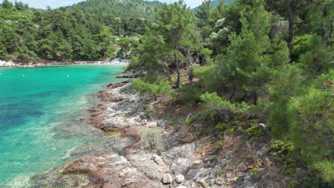 vista lateral cinematográfica desde detrás de un abeto que revela la hermosa playa de glifoneri con arenas blancas, agua clara y vegetación exuberante, isla de thassos, grecia, europa