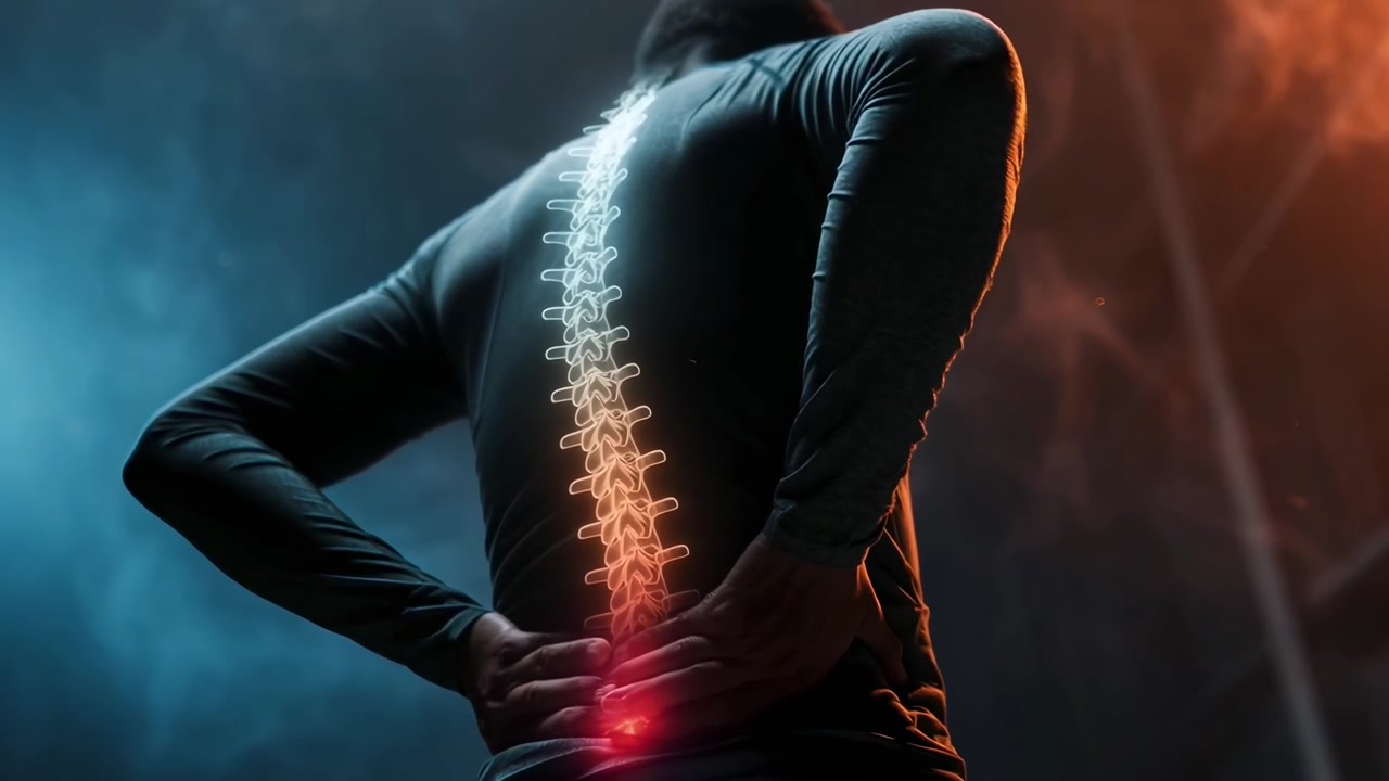 Hombre con dolor lumbar y visualización de anatomía espinal