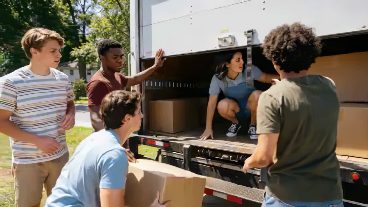 Handing woman wearing overalls passing box to four men at driveway from moving truck, unloading