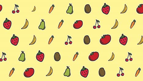 animation of diverse cartoon food floating on yellow background