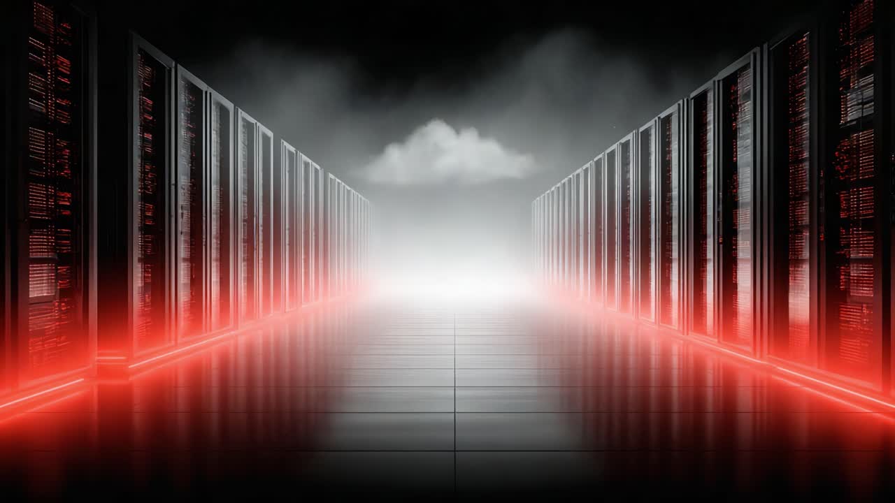 A Futuristic Data Center Enveloped in Atmospheric Fog and Illuminated by Red Accents, Showcasing Rows of High-Tech Server Racks in a Mysterious Environment