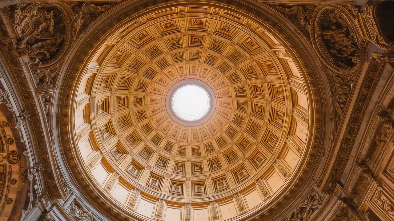 Tilting camera revealing baroque cathedral dome oculus, coffered panels, relief, pilasters, friezes