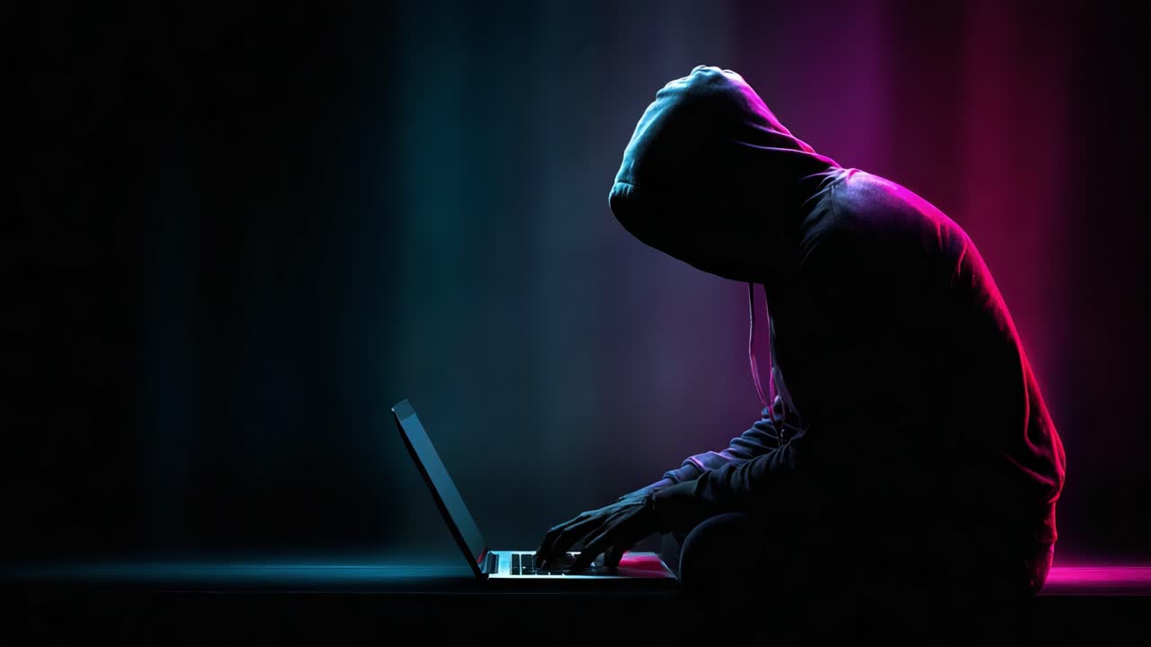 Mysterious Figure in Hoodie Engrossed in Dark Digital World, Illuminated by Vibrant Colors, Typing Intently on Laptop Against a Surreal Background