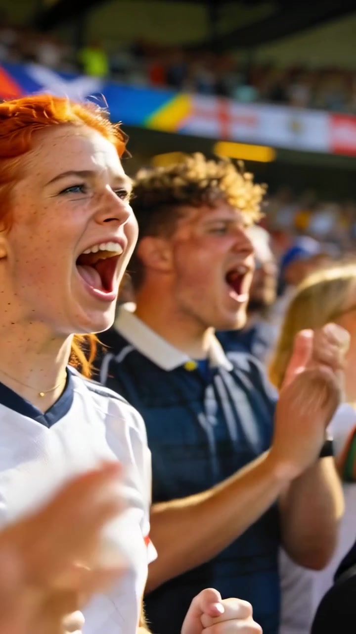 Video vertical: Pelirroja animando con camiseta, gritando después de una jugada en las gradas para un equipo con bandera azul.