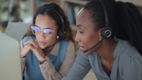 Teamwork,-call-center-and-women-on-computer