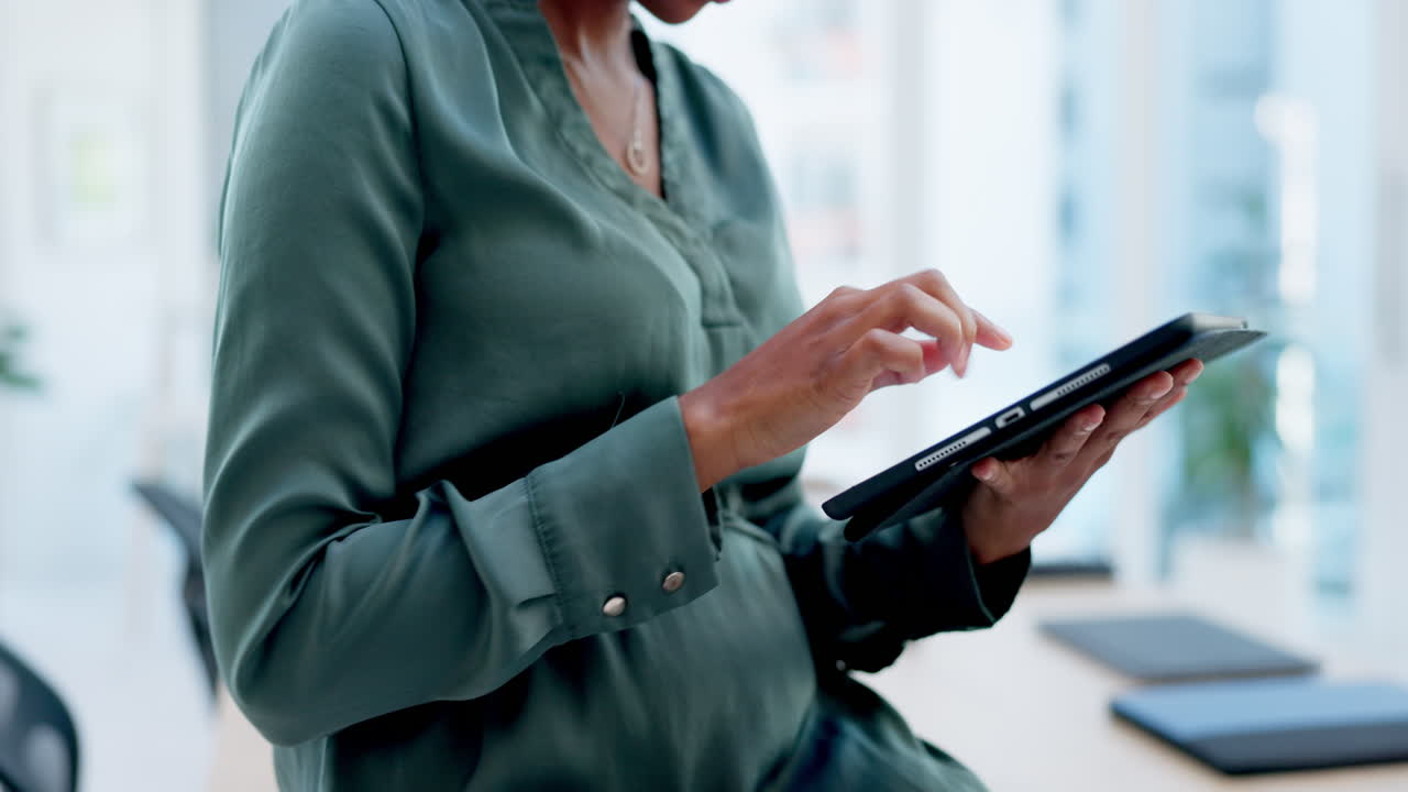 Business woman, hands and search tablet in office