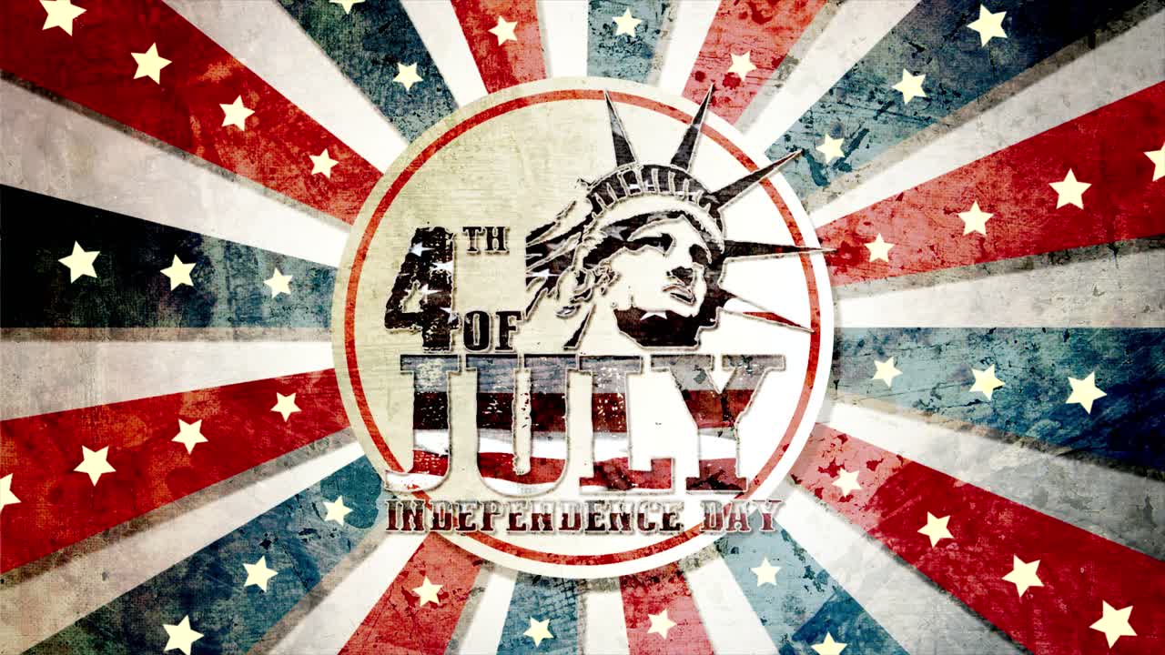 7월 4일을 기념하는 대담하고 그런지한 애니메이션 모션 그래픽, 중앙 자유의 여신상 디자인, 애니메이션 스타 스팽글 배너, 애국적인 빨간색, 흰색 및 파란색