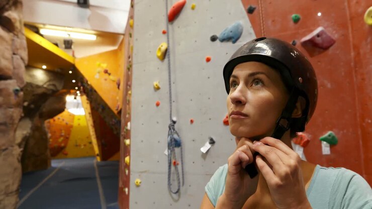 Woman wearing protective helmet in fitness studio 4k