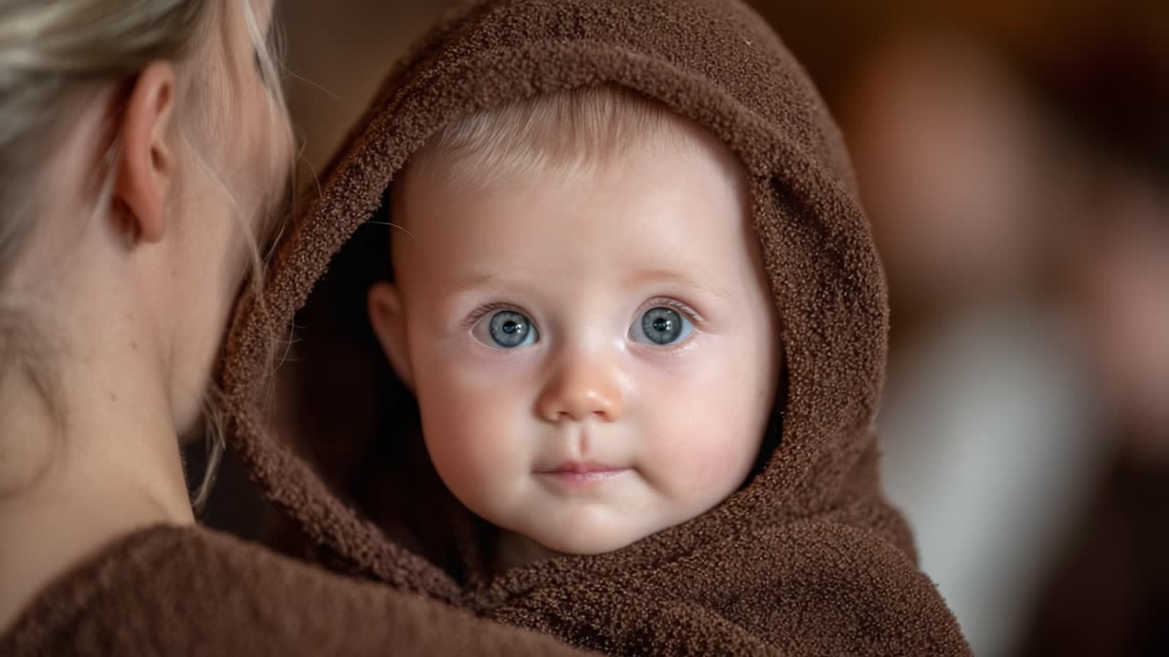 A Heartwarming Moment Captured: A Close-Up of a Baby Wrapped in a Soft Brown Hood, Gazing Adorably with Big Blue Eyes, Evoking Feelings of Love and Tenderness