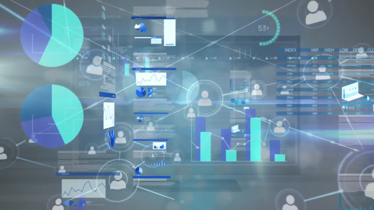 animación de gráficos sobre conexiones y datos en fondo oscuro
