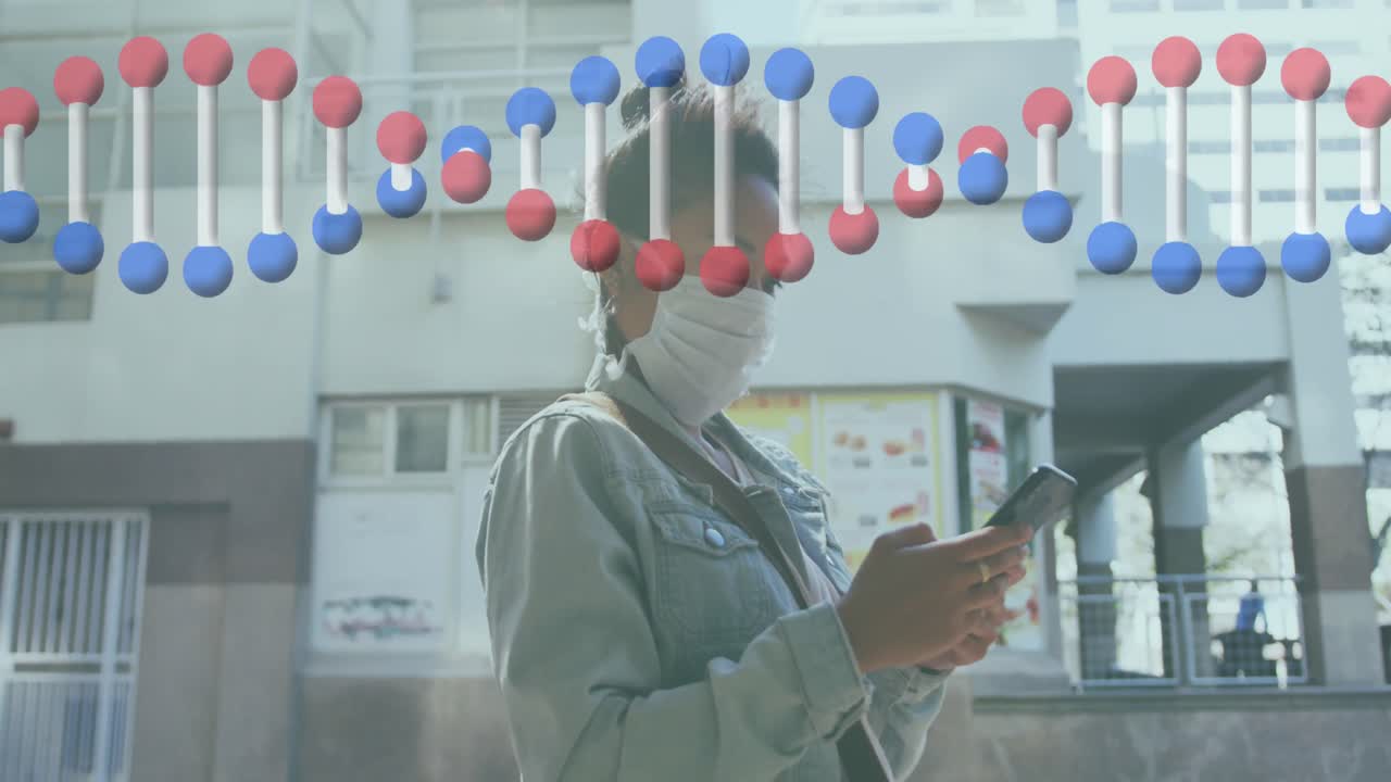 스마트 폰을 사용하는 사업가 여성에 대한 dna 가닥의 애니메이션