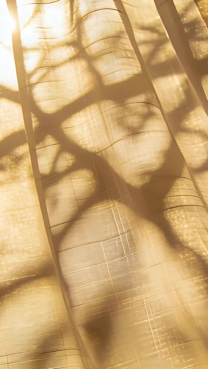 Vertical video: Streaming sunlight moving sheer curtains rippling at window, casting branch shadows