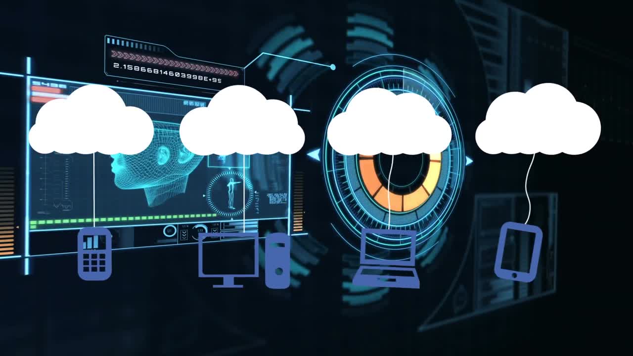 Animation of clouds with icons over data processing and scope scanning