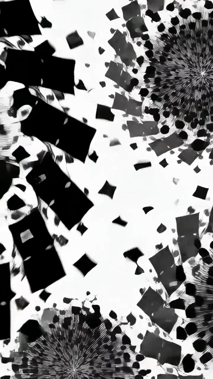 Video verticale: Vortici a spirale animati che attirano piastrelle nere verso l'interno su sfondo bianco, formando una spirale densa.