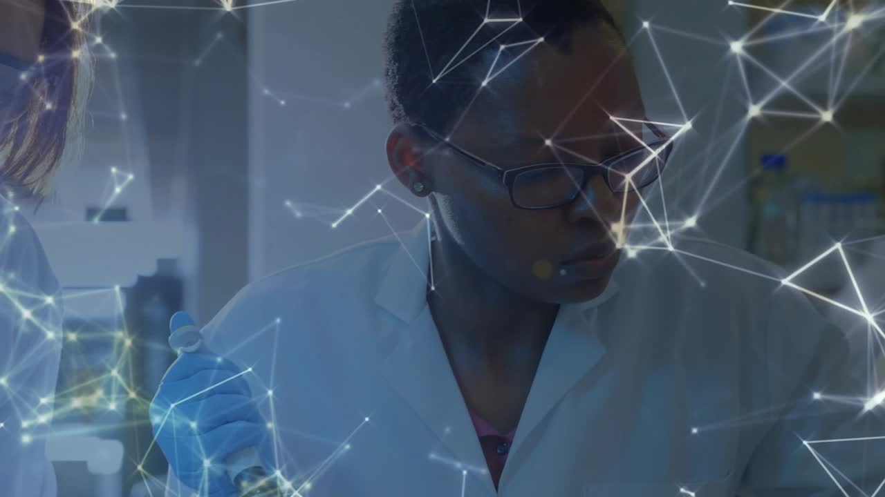 Scientist picking up micropipette and aspirating sample while pulsing network graphic for research