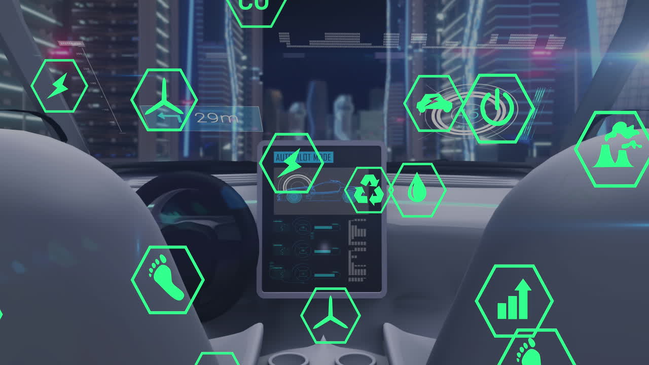 animación de iconos ecológicos y procesamiento de datos sobre automóviles eléctricos
