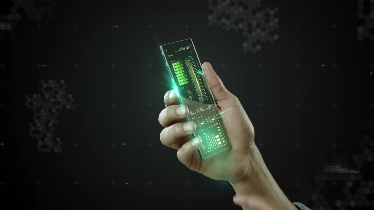 teléfono móvil futurista en la mano contra un fondo generado digitalmente