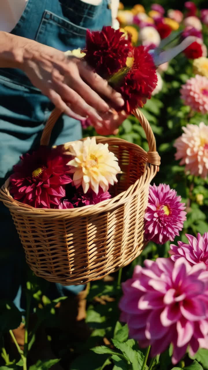 Person harvesting colorful dahlias into a basket in a flower field