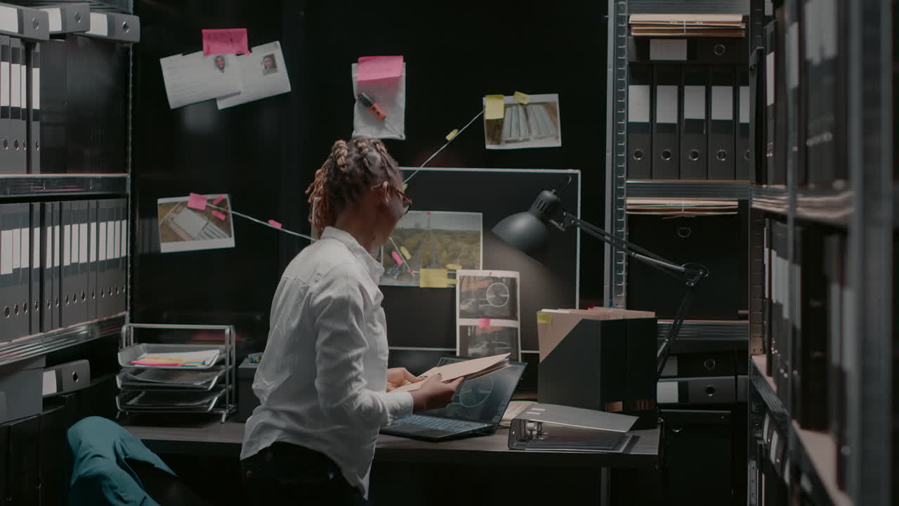 Detective Working in Office Investigating Crime Cases