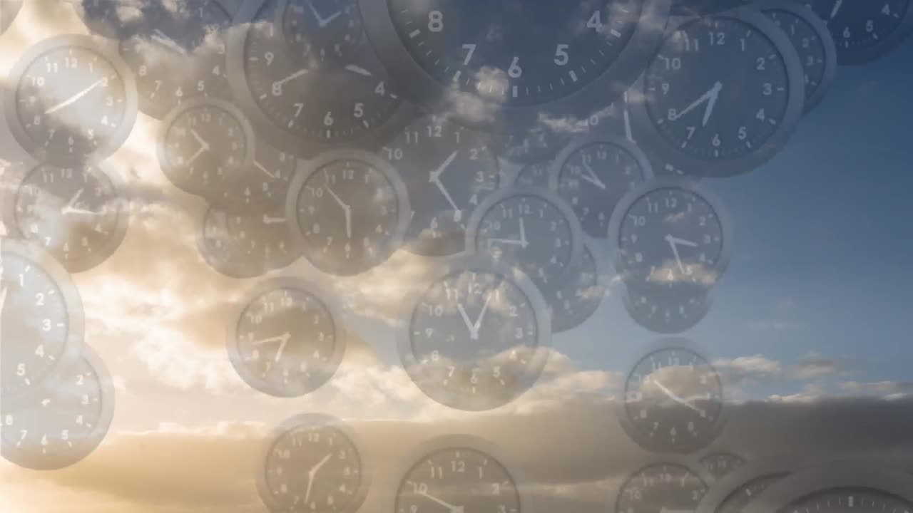 Bright cloudy sky filled with falling clocks