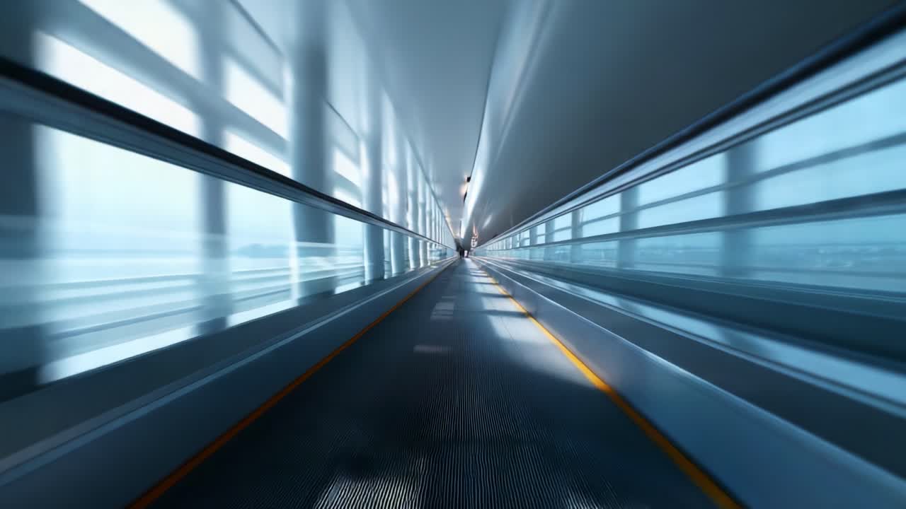 A Dynamic Journey on a Moving Walkway: Capturing the Essence of Modern Transit Spaces and Architectural Design in a Futuristic Environment with a Sense of Speed and Movement
