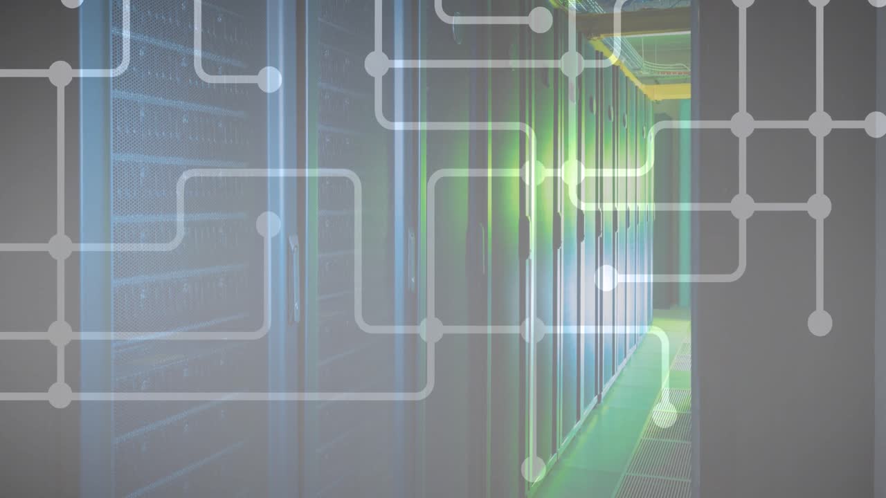 compuesto digital de puntos interconectados con líneas sobre la sala del servidor