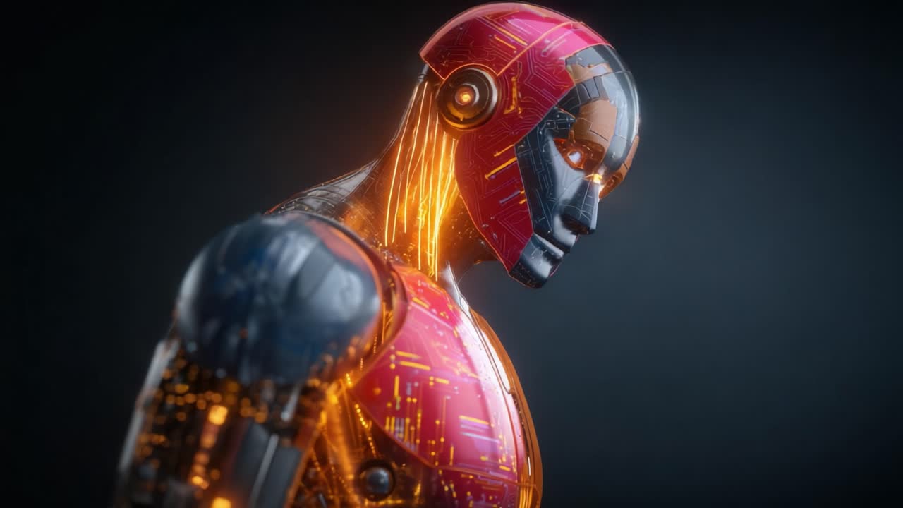 Una figura robotica futuristica catturata da due angolazioni distinte, che mostra circuiti intricati e caratteristiche luminose che ne sottolineano la tecnologia e il design avanzati.