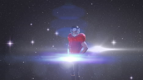 male rugby player wearing helmet standing against light trails and shining stars in night sky