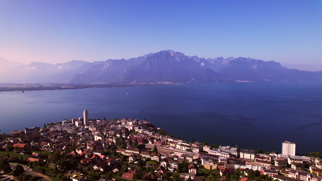 Aerial view of Montreux, Switzerland with Lake Geneva and the Swiss Alps