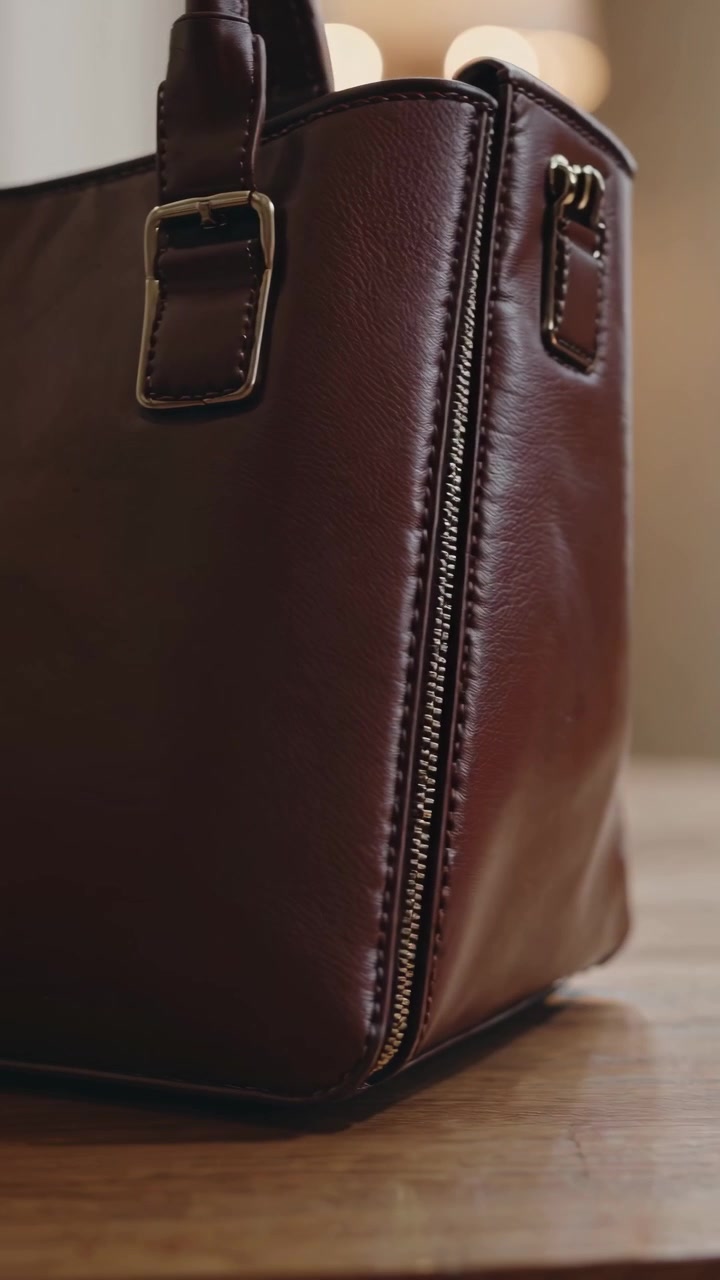 Primo piano di un'elegante borsa in pelle marrone su un tavolo di legno