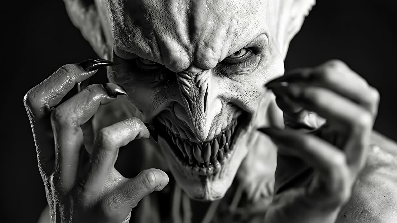 A black and white photo of a demonic creature with fangs and fangs